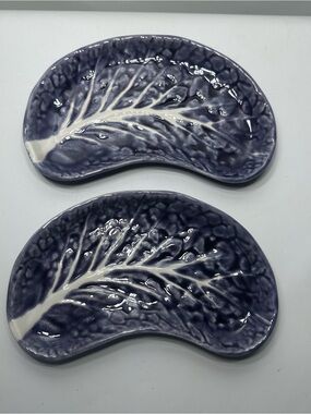 Vintage 2 Portuguese Majolica Cabbageware Creacent Plate in Rare Plum Aubergine